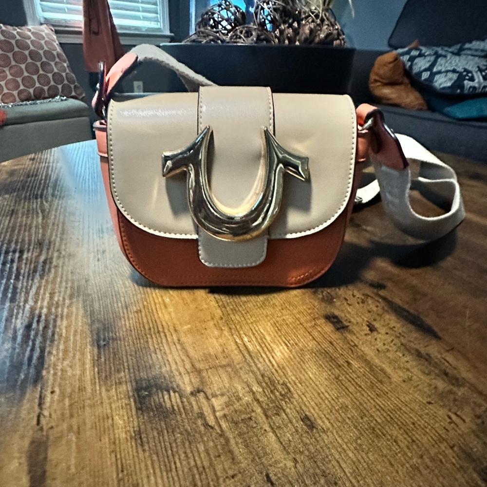 True Religion Tan and Orange Crossbody Bag with Structured Design